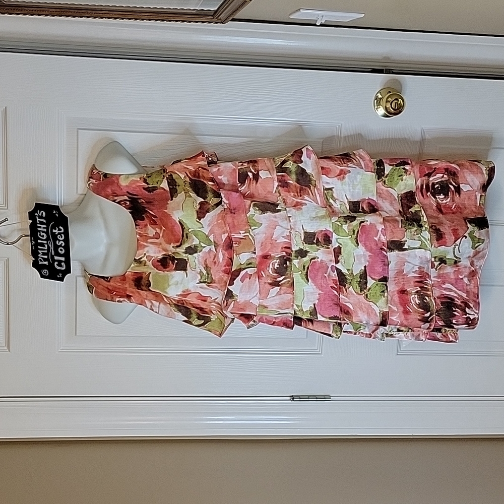 Dress Barn Sleeveless Layered Dress Petite 14 Rose Pink Green White